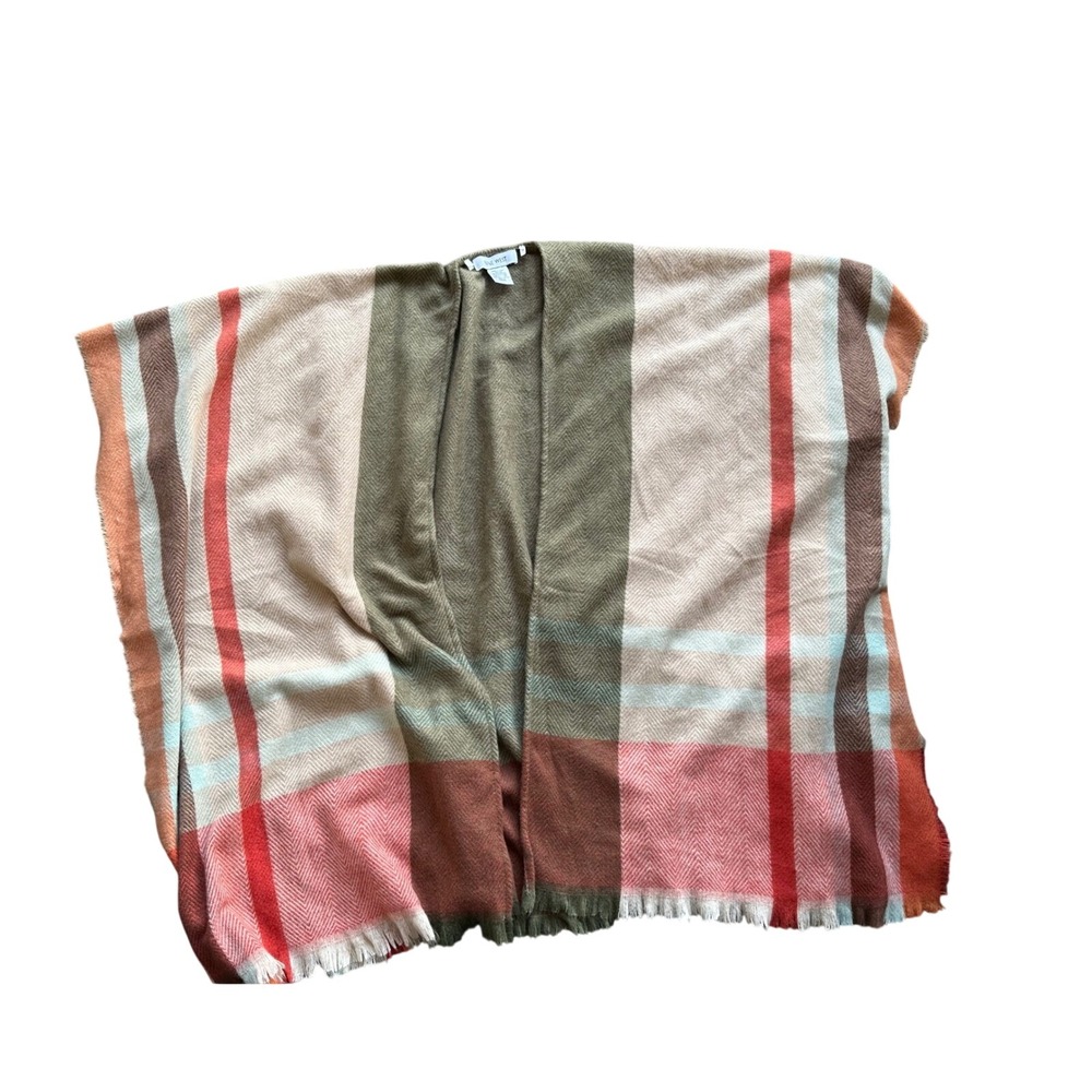 Nine West Womens Plaid Poncho Wrap Olive Green Rust Herringbone Fringe One Size